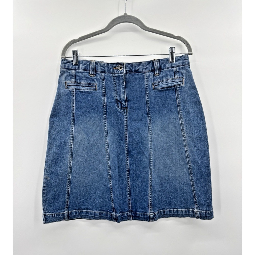VTG Y2K Route 66 Women 12 Denim Jean Skirt Panel Stitch Retro Preppy 90s Grunge
